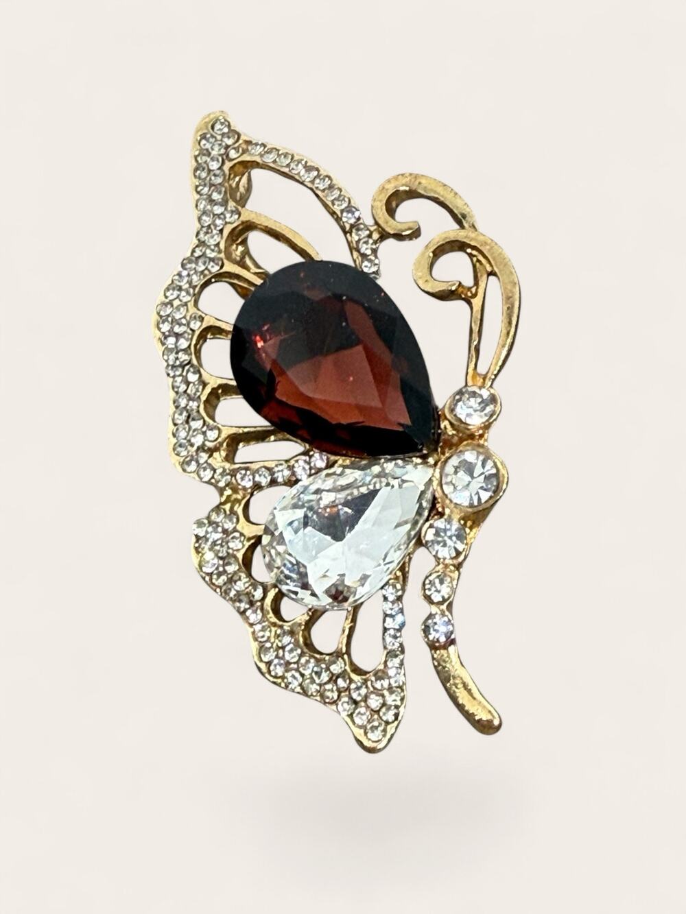 Gold Tone Butterfly Brooch Red & Clear Crystal Rhinestone Pendant
